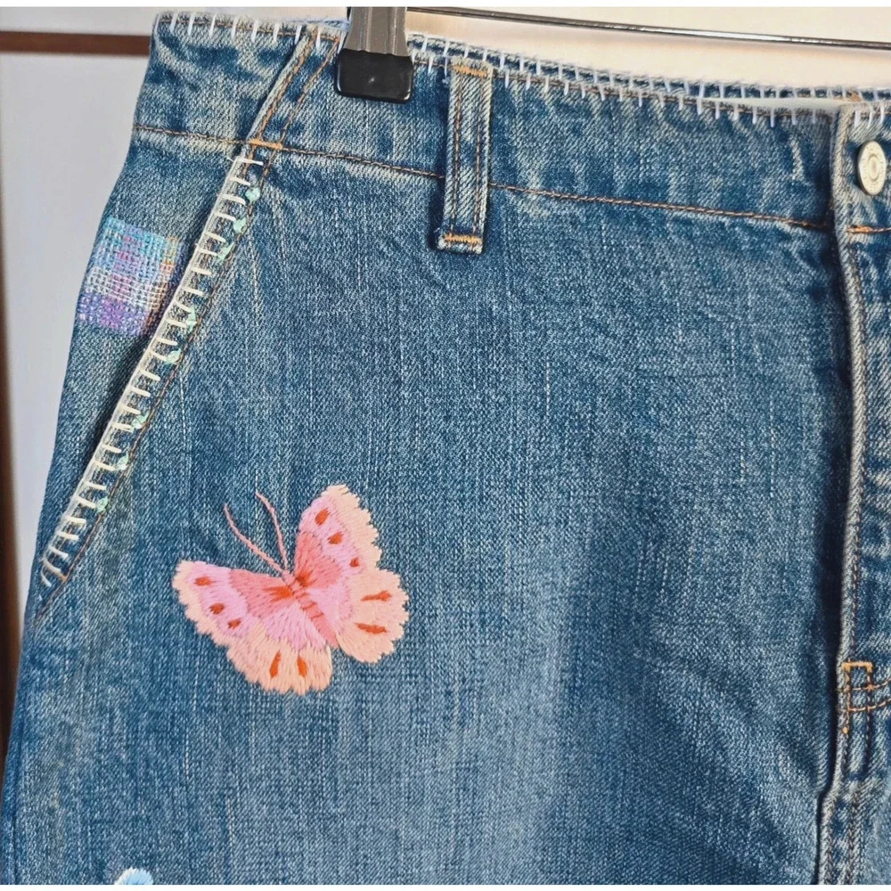 Y2k Gap Jean Skirt 6 Midi Embroidered Butterflies Patches Boho Festival Whimsy - Picture 15 of 16